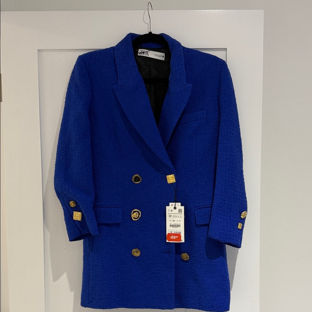 ZARA Cobalt Blue Double-Breasted Bouclé Blazer with Gold Buttons
